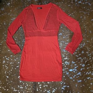 Chic Red Long Sheer Sleeve Dress
